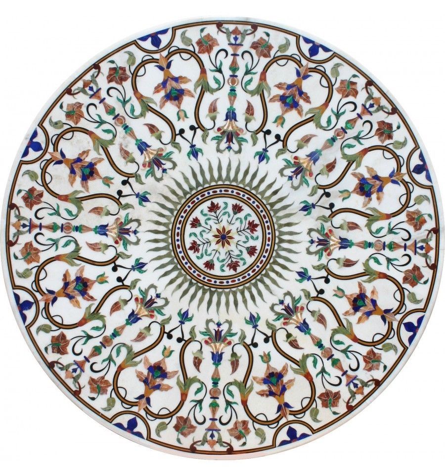 36-Inch Round Pietradura Marble Coffee Table with Semi-Precious Stone Inlay Decor