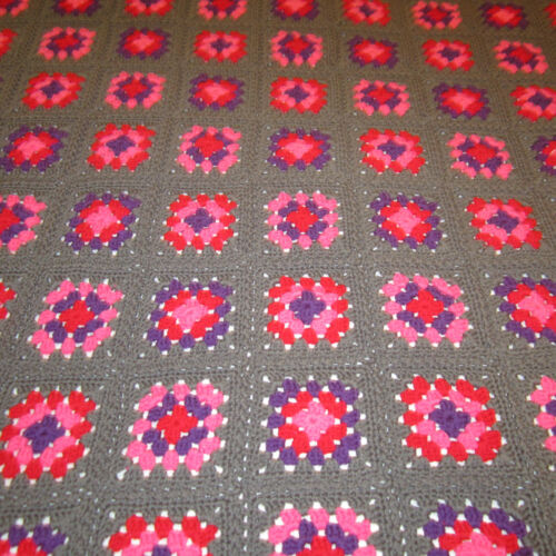 Hand Crocheted Afghan Throw Blanket #30 64x51 Granny Square Gray Pink Purple 