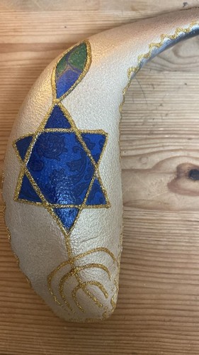 Hand Painted Ram Horn Shofar Messianic Seal Jerusalem Menorah star of David fish - Photo 3 sur 6