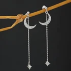 Sterling silver Cz  star & moon chain dangle earrings for pierced ears NIB IA164