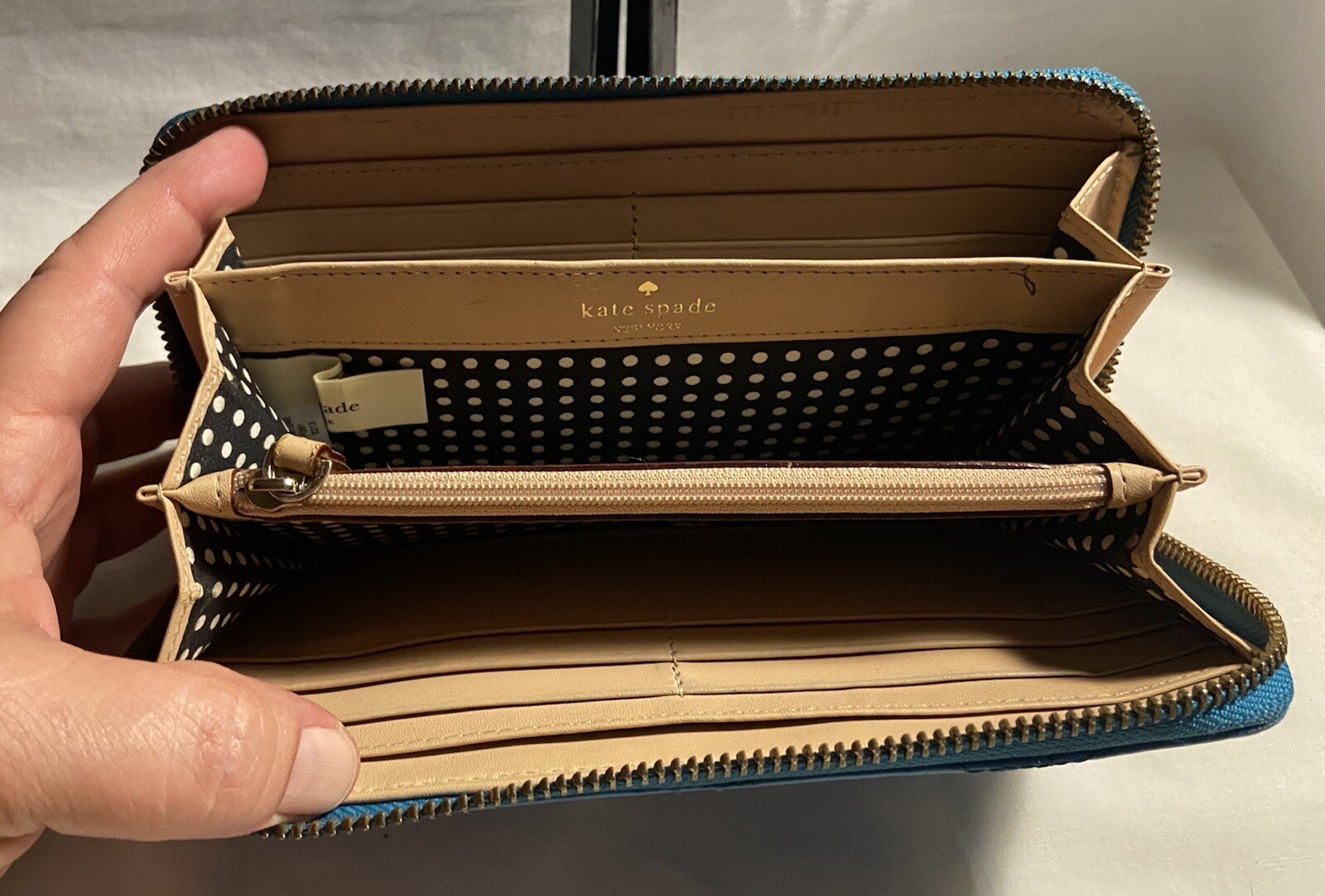 Kate Spade Teal Quilted Leather Zip Around Wallet Gold Logo Diamond