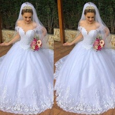 Classic Wedding Dresses Off The Shoulder Lace Applique Sweep Train Bridal Gown