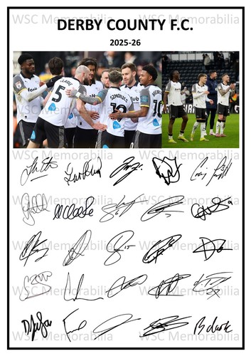 11753. Derby County Signed Team Sheets (A4 Prints) CHOOSE SEASON 2023-26