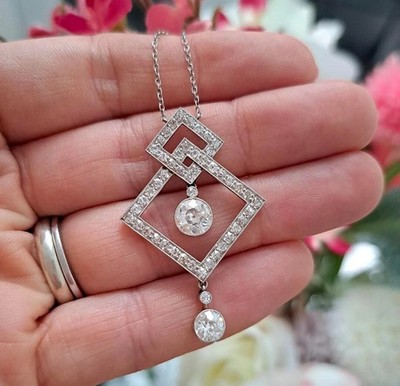 2 Ct Round Lab Created Diamond Art Deco Style Pendant 14K White Gold Plated