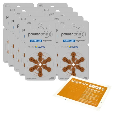 POWERONE 60 batterie per apparecchi acustici Power One P312 VARTA marrone (10 x 6 Bl.)+ Panno Pulizia