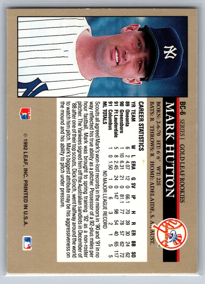 1992 Leaf #BC-6 Mark Hutton Gold Rookies - Image 2 of 2