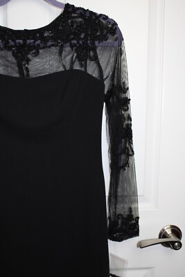 NEW Marina Black Mesh Lace Sleeve Bodice Beaded Illusion Dress Sweetheart  Neck 4 | eBay