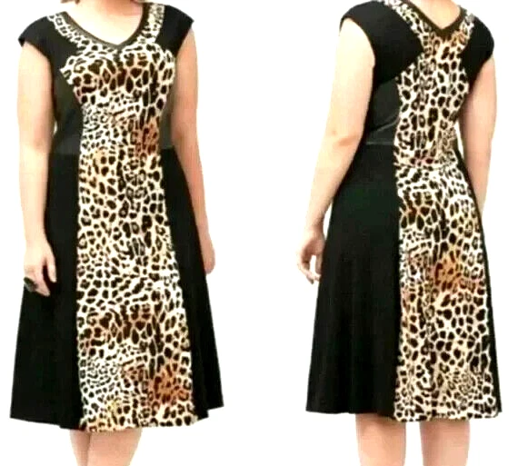 Lane Bryant 无袖动物印花和黑色紧身连衣裙 18 码人造皮革 — 第 3/4 张图片