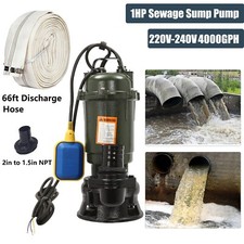 1HP 750W Submersible Sewage Pump 220V Cast Iron Sump Pump 4000GPH w/66FT Hose