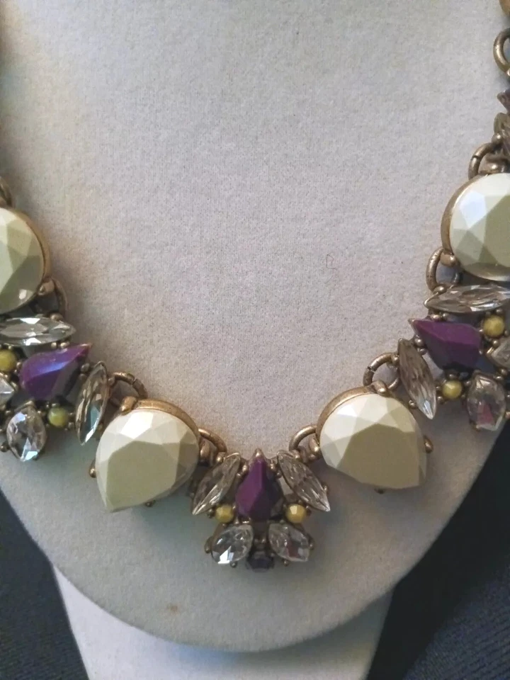 J. Crew Chunky Multi Stones Necklace Mint Green, Clear, Purple Costume Bib Style - Image 4 of 4