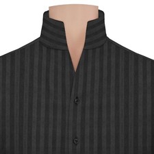 Men's Handmade High Open One Piece Collar Shirt Black Stripe Cotton Formal Dress