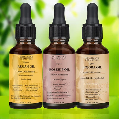 INTELLIGENT COSMETICS Organic Argan Oil Rosehip Oil & Jojoba Oil Cold Pressed for Skin Nail Hair 30ml
