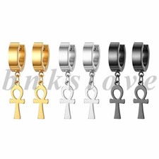 3Pairs Men Women Stainless Steel Ankh Egyptian Cross Dangle Huggie Hoop Earrings