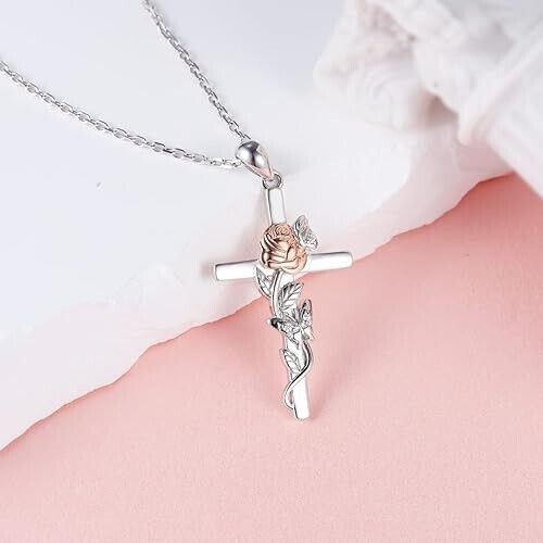 925 Sterling Silver Rose Flower Cross Pendant Necklace Jewelry Gift for Women - Picture 3 of 4