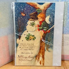 Antique-Style Christmas Card w Guardian Angel Lapel Pin, Child and Snowman NEW