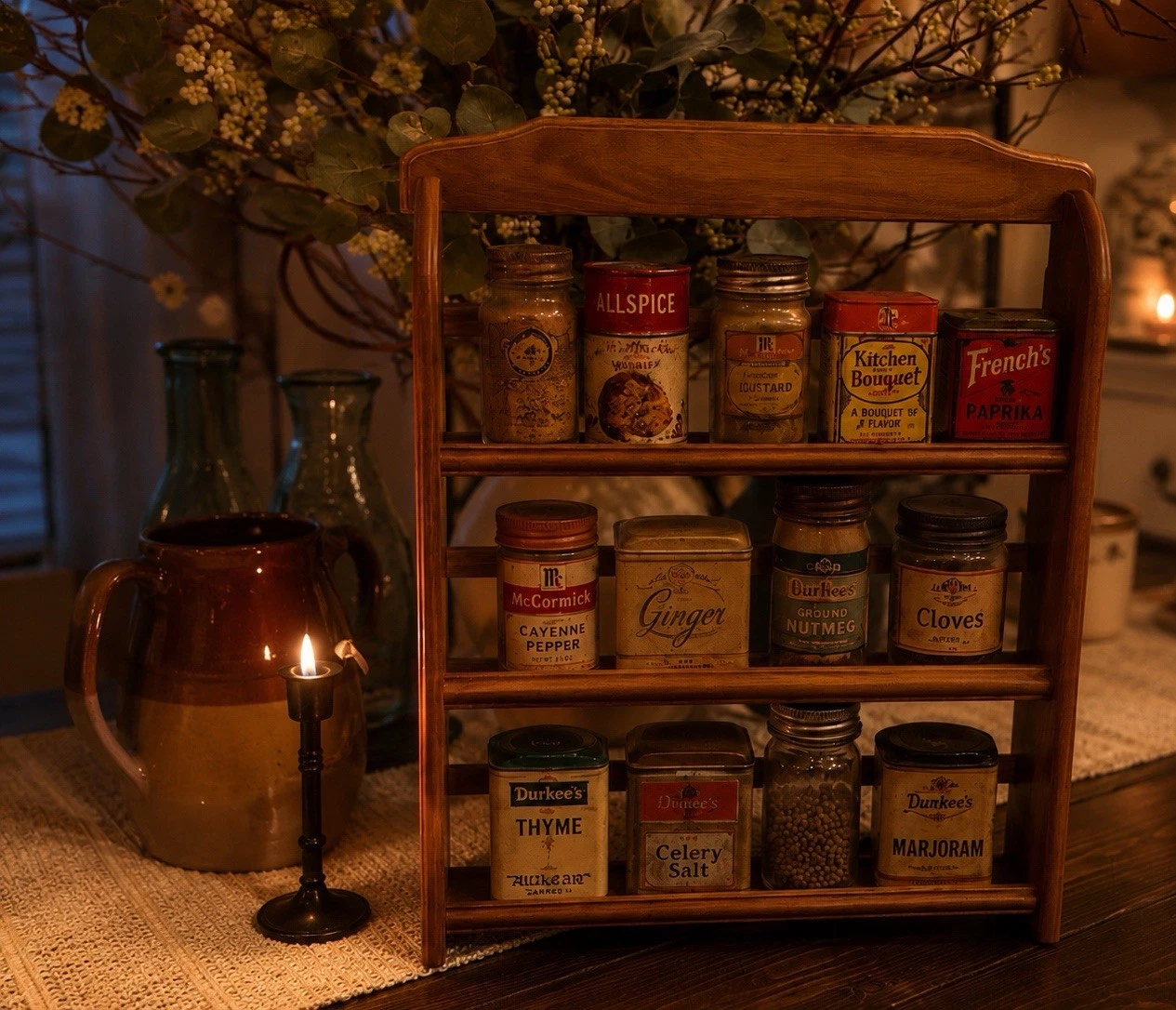 Vintage 4-Shelf Wall Mountable or Freestanding Spice Rack Solid Wood