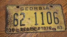 1961 Georgia License Plate 62 1106 PEACH  STATE Vintage Yellow W/Black Lettering
