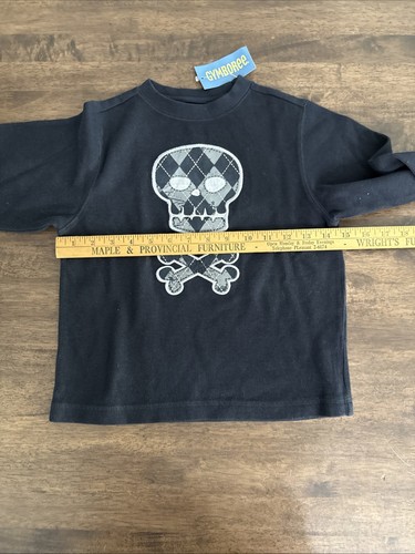 T-shirt Gymboree ragazzo teschio nero e grigio toppa ricamata manica lunga tg 5 nuova con etichetta - Foto 5 di 5