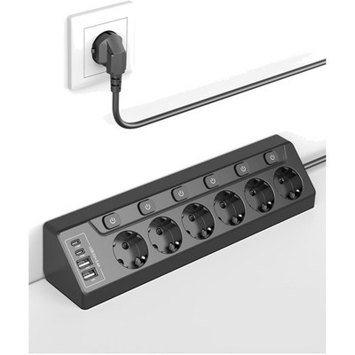Steckdosenleiste mit 6 Steckdosen, 4 USB, Überspannungsschutz, 2m Kabel