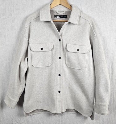 Zara Womens Oversized Shacket Sz L Soft Touch Snap Front Ivory Oatmeal Pockets