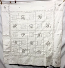 Vintage Cutout & Lace Natural Linen w/ Tablecloth 47" x 47" Dainty Boho Shabby