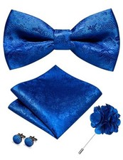 Floral Pre-tied Bow Tie and Pocket Square Cufflinks Lapel Pin Sets Royal Blue