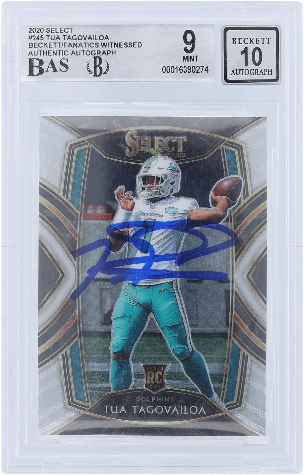 Tua Tagovailoa Miami Dolphins Signed 2020 Panini Select 245 BAS 9/10 Rookie Card