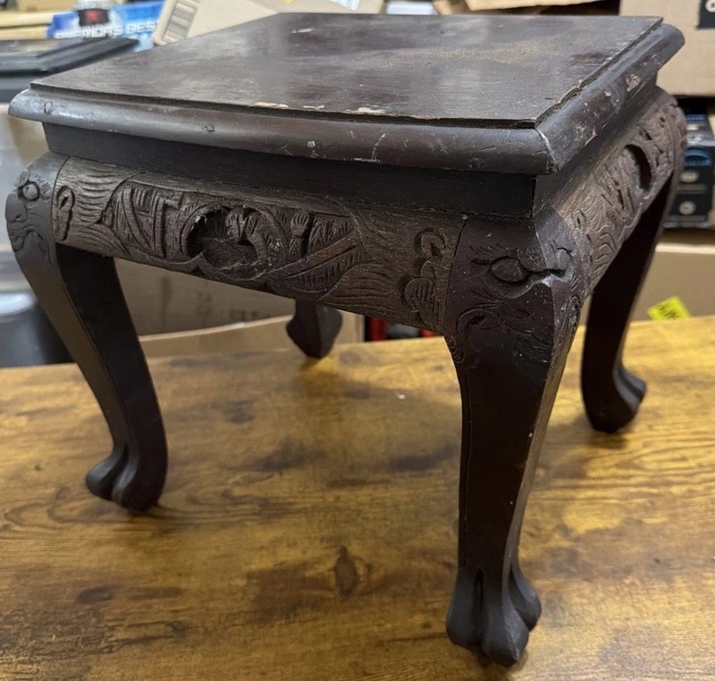 Vintage Tea Table Stool Asian Wood Carved Pawfoot 13”L x 11”W x 13”H