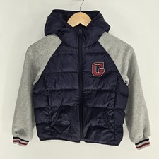 Gap Kids Puffer Jacket Boys Small Navy Blue Gray Hooded Down Fill Varsity Coat