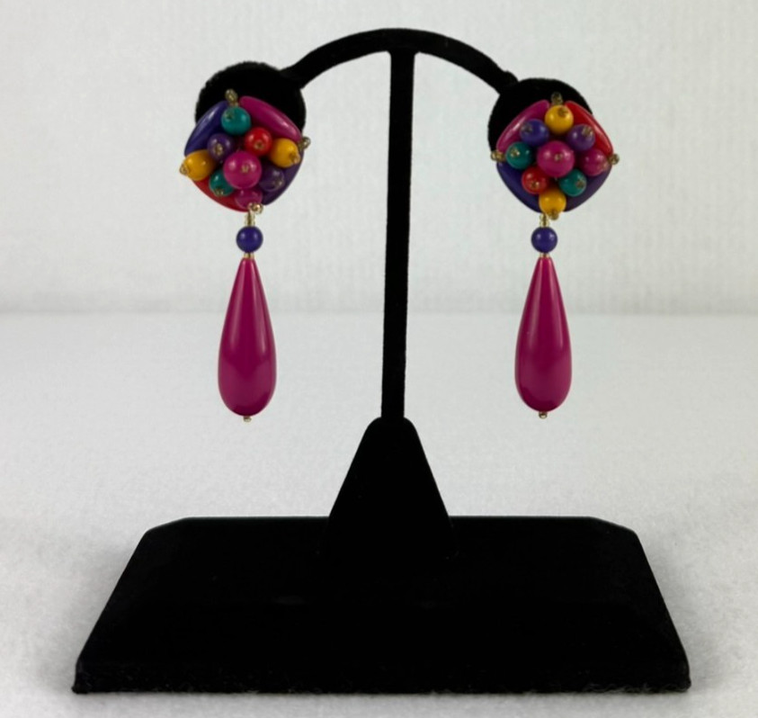 MULTICOLOR BEADED CLUSTER DANGLE EARRINGS Pink Te… - image 1