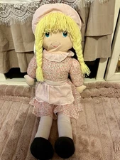 Vintage 29 inch  Cloth Cuddle Rag Doll Blonde Yarn Hair, Blue Eyes, Pink Dress