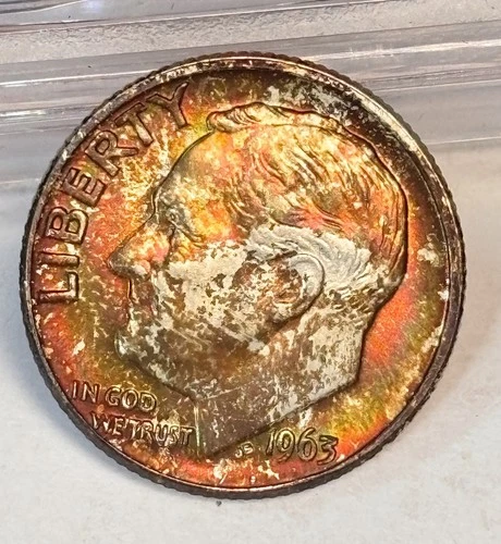 1963-D FB GEM BU Roosevelt 10C Silver Dime - Vibrant Neon Rainbow PQ Toning -