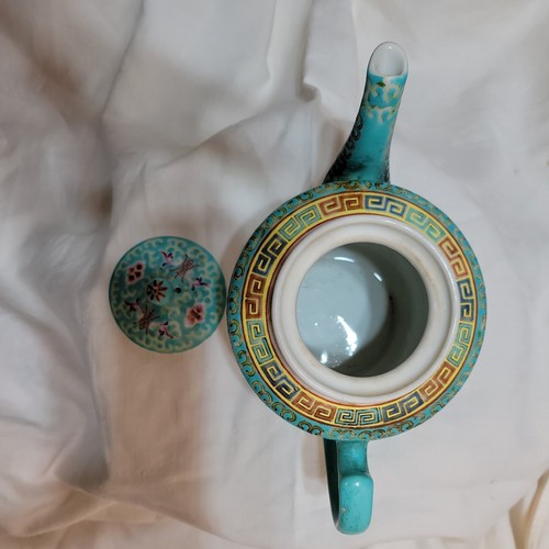 VTG Chinese Porcelain Teapot, Turquoise Blue w/ Mun Shou Longevity Symbols -13- - Picture 2 of 11