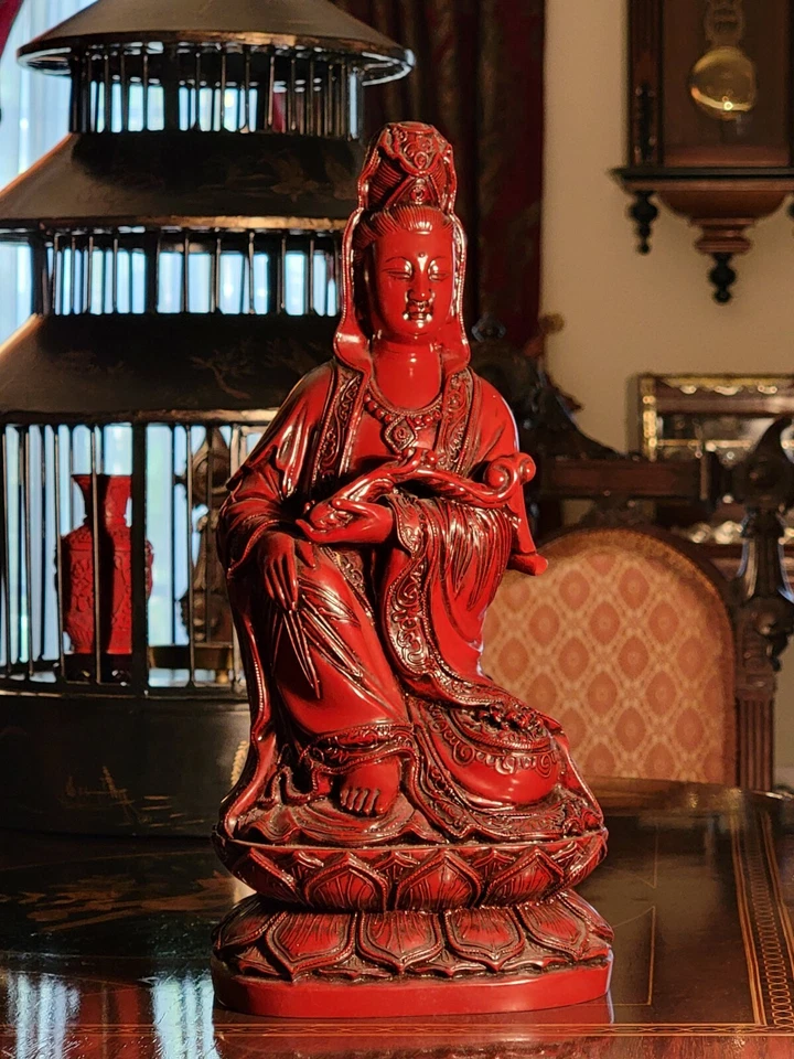GRAN ESTATUA DE BUDDHA 13.5" Kwan-yin Guanyin Bodhisattva Buey Rojo Resina de Sangre PESADA Foto 3 de 4