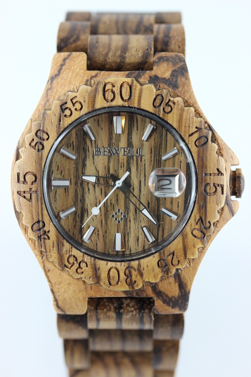 Bewell Holzuhr Datum Zebrano Holz 42mm A-Ware Top Geschenk Herrenuhr  Damenuhr