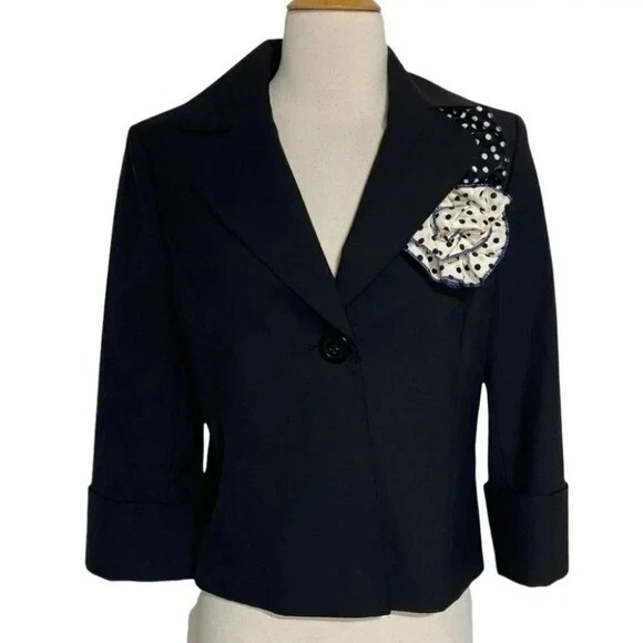 Alex Marie 8 black blazer with cuffed sleeves and polka dot flowers accent - Image 2 of 4