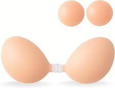 WROLY Sticky Bra, Adhesive Strapless with Nipple Covers, Silcone C, Skin