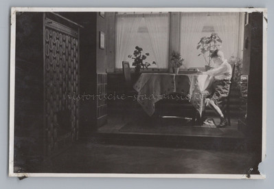 Boy Light Up At Living Room Table Fireplace Apartment - Vintage Photo 1930s