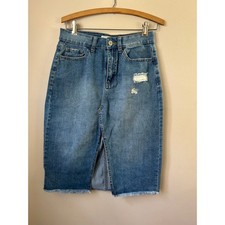 SO Distressed Denim Midi Skirt Front Slit Fringe Size 9 Western Coastal Cowgirl