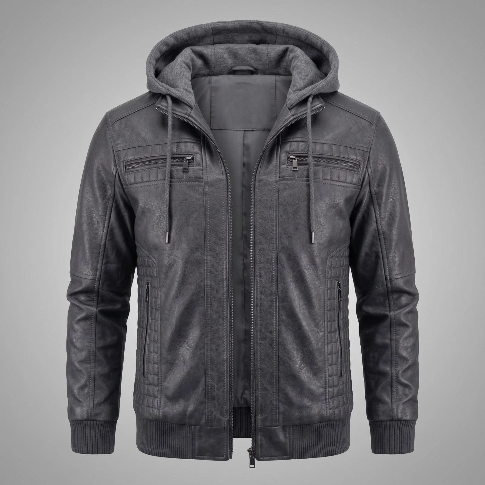 Hand-Burnished Distressed Gray (All Colors) Leather Hoodie Bomber Jacket Men's - product detail image 1