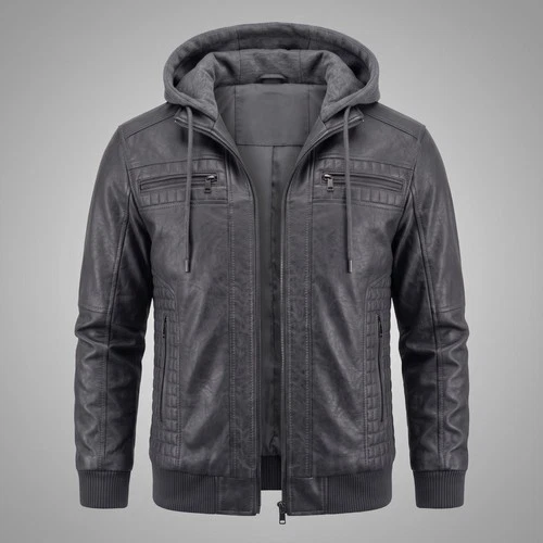 Hand-Burnished Distressed Gray (All Colors) Leather Hoodie Bomber Jacket Men's video thumbnail