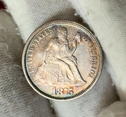 1875 ~ Seated Liberty Dime ~ Rare Date ~ AU ~ Great Color & Luster ~ Pretty Coin