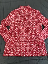 Lands End 100% Cotton Mock Neck Red Shirt Winter Holiday Themed XL