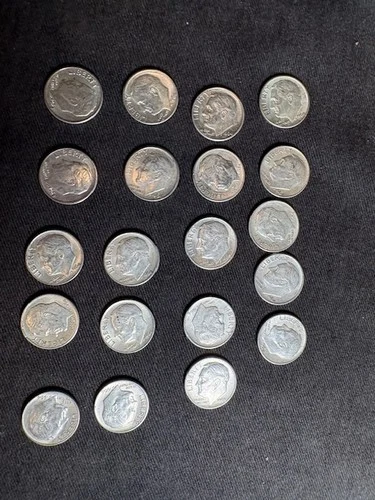 Lot of 20: mostly 1964 90% Silver Roosevelt Dimes $2.00 Face Value -au/unc