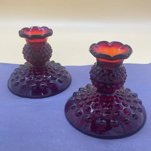 Fenton Ruby Red Hobnail Candlesticks Pair 4” Tall!