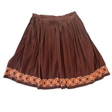 Tommy Bahama 100 Cotton Skirt 14 Brown Pleated Floral Embroidered Border Boho