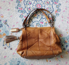 B Makowsky Tan Leather Triple Zipper Handbag Leopard Lining Tassel Logo Fob