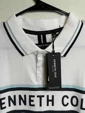 Kenneth Cole Short Sleeve Shirt Large MSRP $59 White Blue/Black Trim 95% Cotton