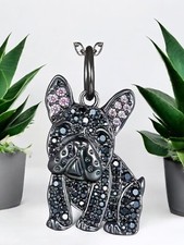 French Bulldog Silver Plated Black Rhinestone Bling Necklace  Pendant NEW