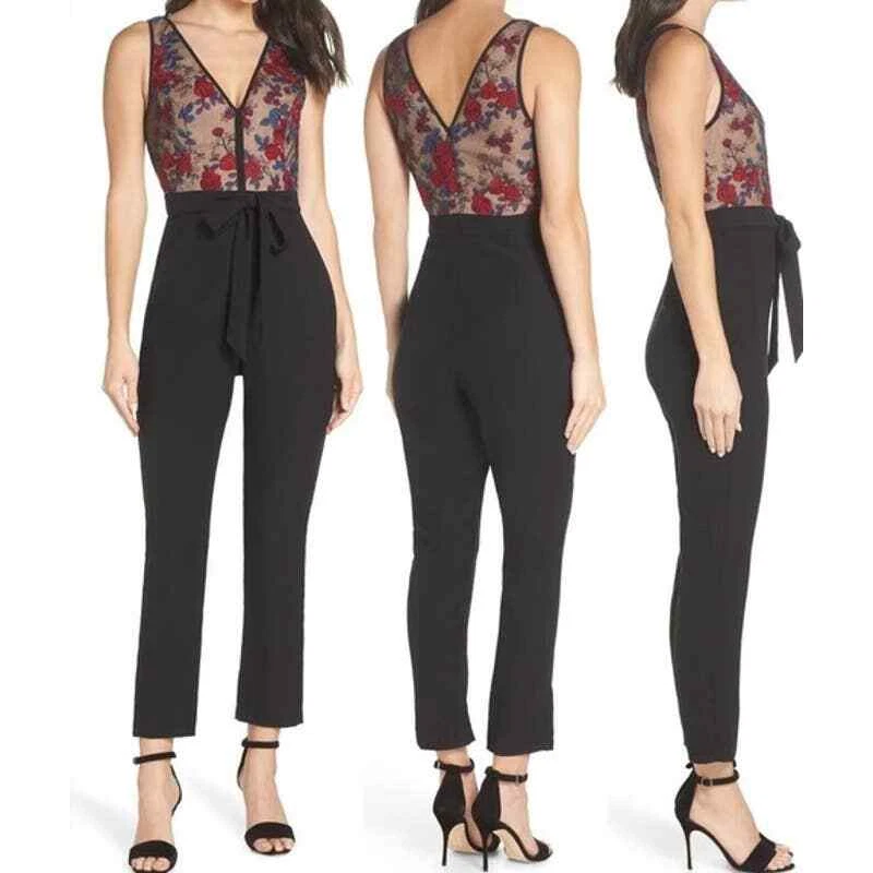 HARLYN Floral Embroidered Jumpsuit In Black Red Size Large EUC